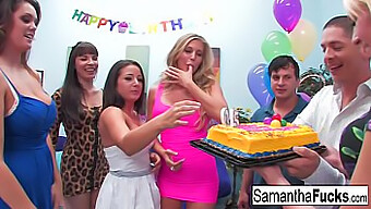 Samantha'S Uninhibited Birthday Bash Features Intense Group Sex And Cumshot